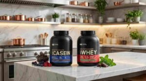 Whey vs. Casein diagram showing the slow release anti-catabolic shield effect