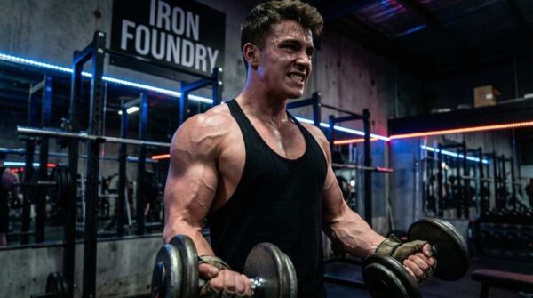 Young shredded bodybuilder in a gym showing extreme vascularity, representing the effects of the l-citrulline vs l-arginine protocol.