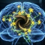 Conceptual medical illustration visualizing the 'Serotonin Sinkhole,' showing St. John's Wort for depression acting to plug a biological leak of glowing neurotransmitters in the human brain.