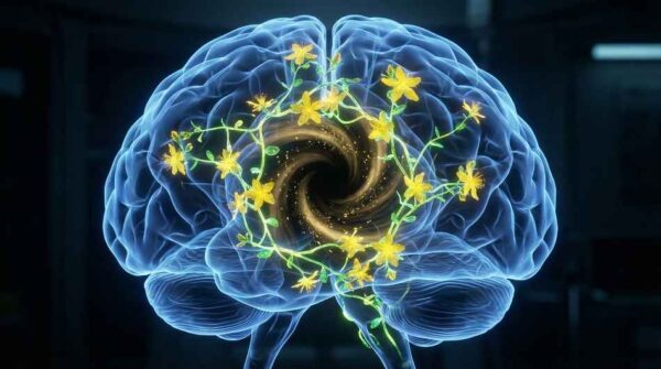 Conceptual medical illustration visualizing the 'Serotonin Sinkhole,' showing St. John's Wort for depression acting to plug a biological leak of glowing neurotransmitters in the human brain.