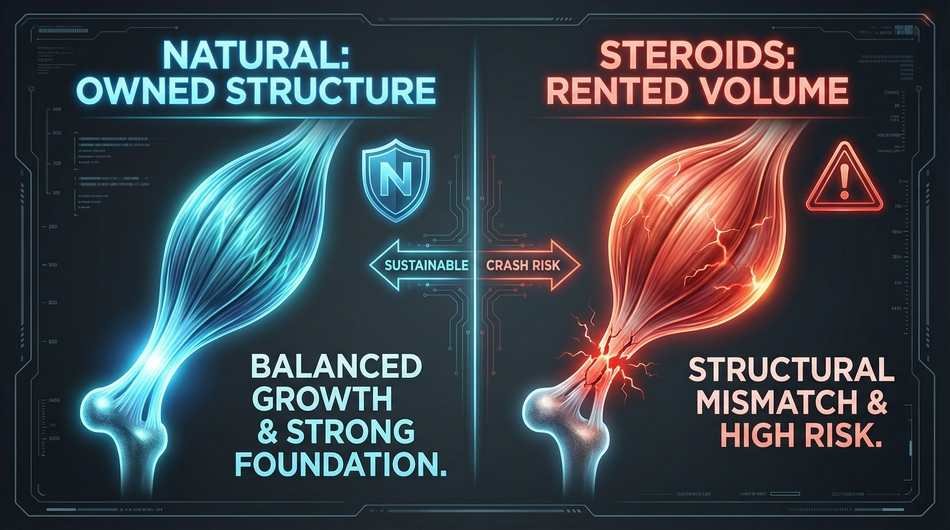 Infographic comparison of natural vs steroids muscle building showing structural integrity