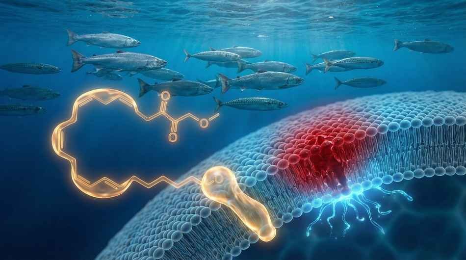 Scientific visualization of EPA and DHA marine molecules used to formulate high-quality omega 3 supplements.