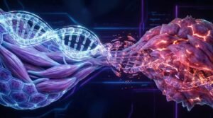 Conceptual DNA visualization showing the structural instability of unnatural muscle growth