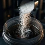Close-up, cinematic view of pure white crystalline creatine monohydrate powder being scooped into a dark liquid shaker bottle.