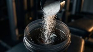 Close-up, cinematic view of pure white crystalline creatine monohydrate powder being scooped into a dark liquid shaker bottle.