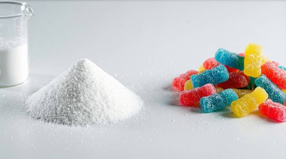 Macro photography illustrating the absorption truth: a single clinical scoop of creatine monohydrate contrasted with the multiple creatine gummies required for the same dose.