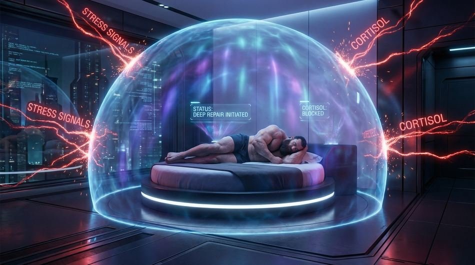 Visual diagram highlighting the four main causes of muscle catabolism: sleep deprivation, chronic stress, energy debt, and low leucine.