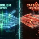 Futuristic medical illustration comparing muscle catabolism (tissue breakdown) on the right versus anabolic repair on the left.