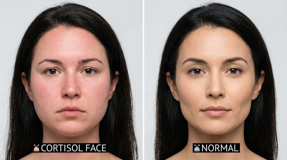Cortisol face before and after transformation showing recovery of jawline definition and reduced sub-orbital edema