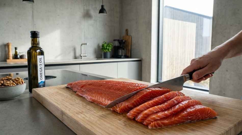 Freshly sliced wild fish on a kitchen cutting board, highlighting the natural dietary sources of omega 3 supplements.
