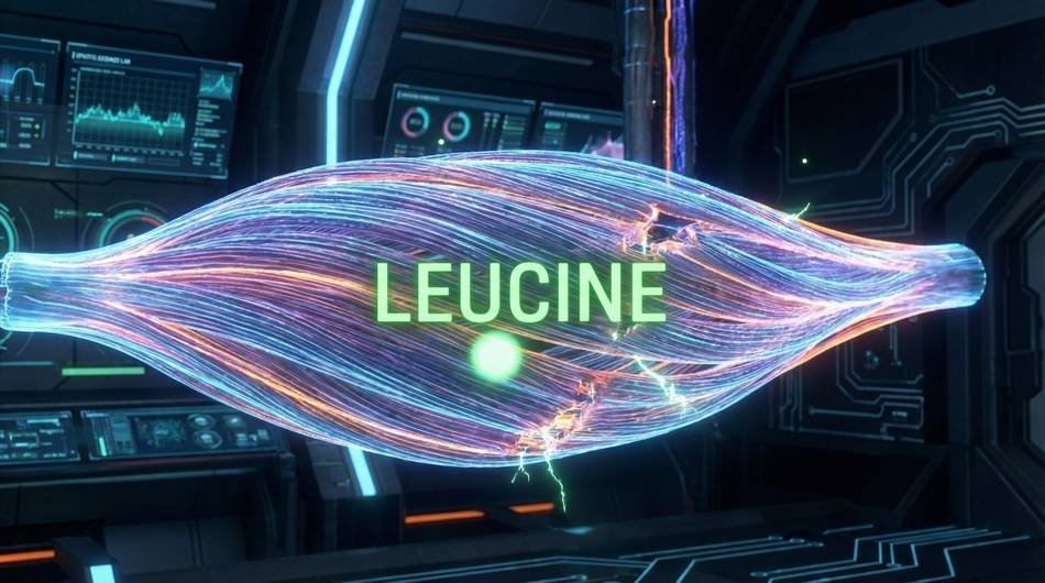 Scientific diagram showing how BCAA supplements and leucine activate the mTOR pathway for muscle growth.