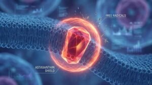 3D molecular diagram showing how specific antioxidant supplements like Astaxanthin structure themselves to protect the cell membrane.