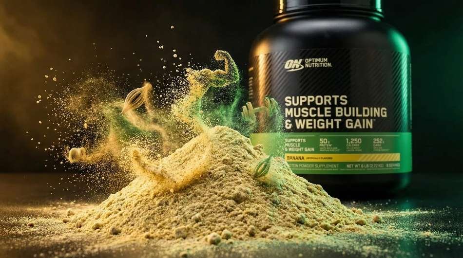 Nutritional facts label showing the high calorie content in a mass gainer compared to standard protein