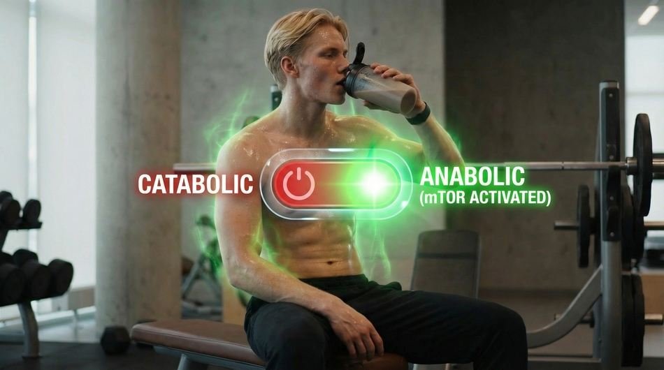 Cellular comparison showing anabolic resistance in aging muscle fibers rejecting protein signals compared to young sensitive tissue.