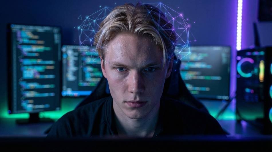 Young person in 'dark mode' deep focus at a computer screen, featuring glowing neural network patterns representing cognitive creatine benefits for brain performance.