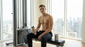 Young athlete mixing BCAA supplements in a shaker bottle for muscle recovery at the gym.