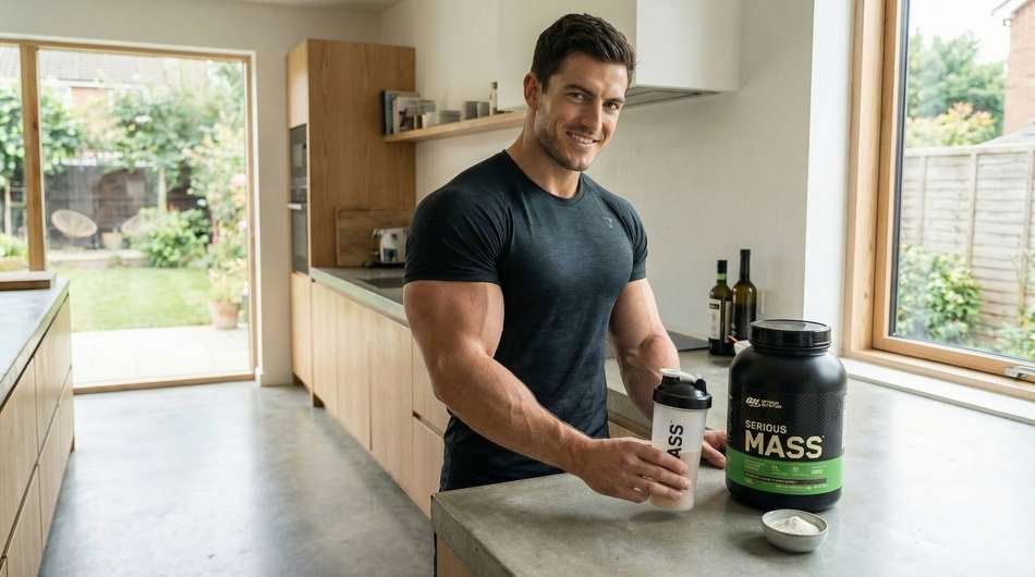 Hardgainer drinking a high calorie mass gainer shake to gain weight fast
