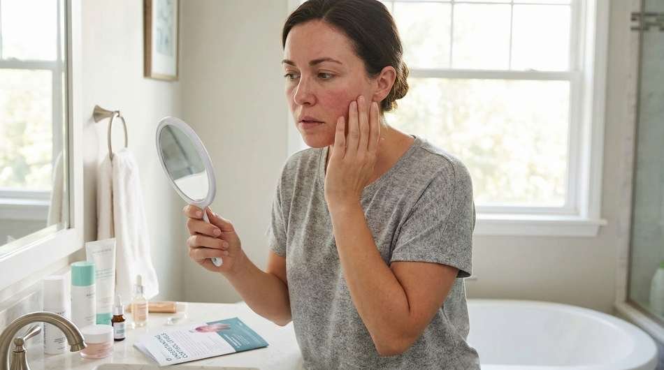 Woman checking mirror for symptoms of cortisol face such as facial puffiness and high cortisol flush