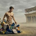 Biohacker fighting against hidden foods that lower testosterone like soy and plastics in a surreal gym setting.