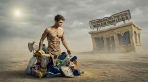 Biohacker fighting against hidden foods that lower testosterone like soy and plastics in a surreal gym setting.