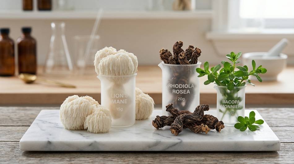 Premium natural nootropics and adaptogens like Bacopa and Lion’s Mane used as sustainable natural modafinil alternatives for brain health.