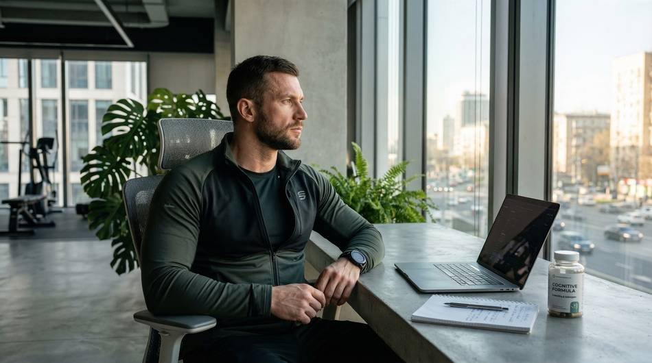 A focused professional using natural modafinil alternatives and biohacking supplements for cognitive enhancement.