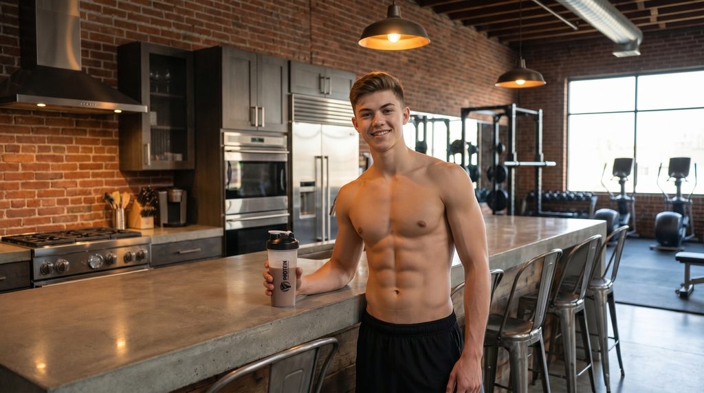 cruelty is weakness, strong and kind man, holds shaker with a protein